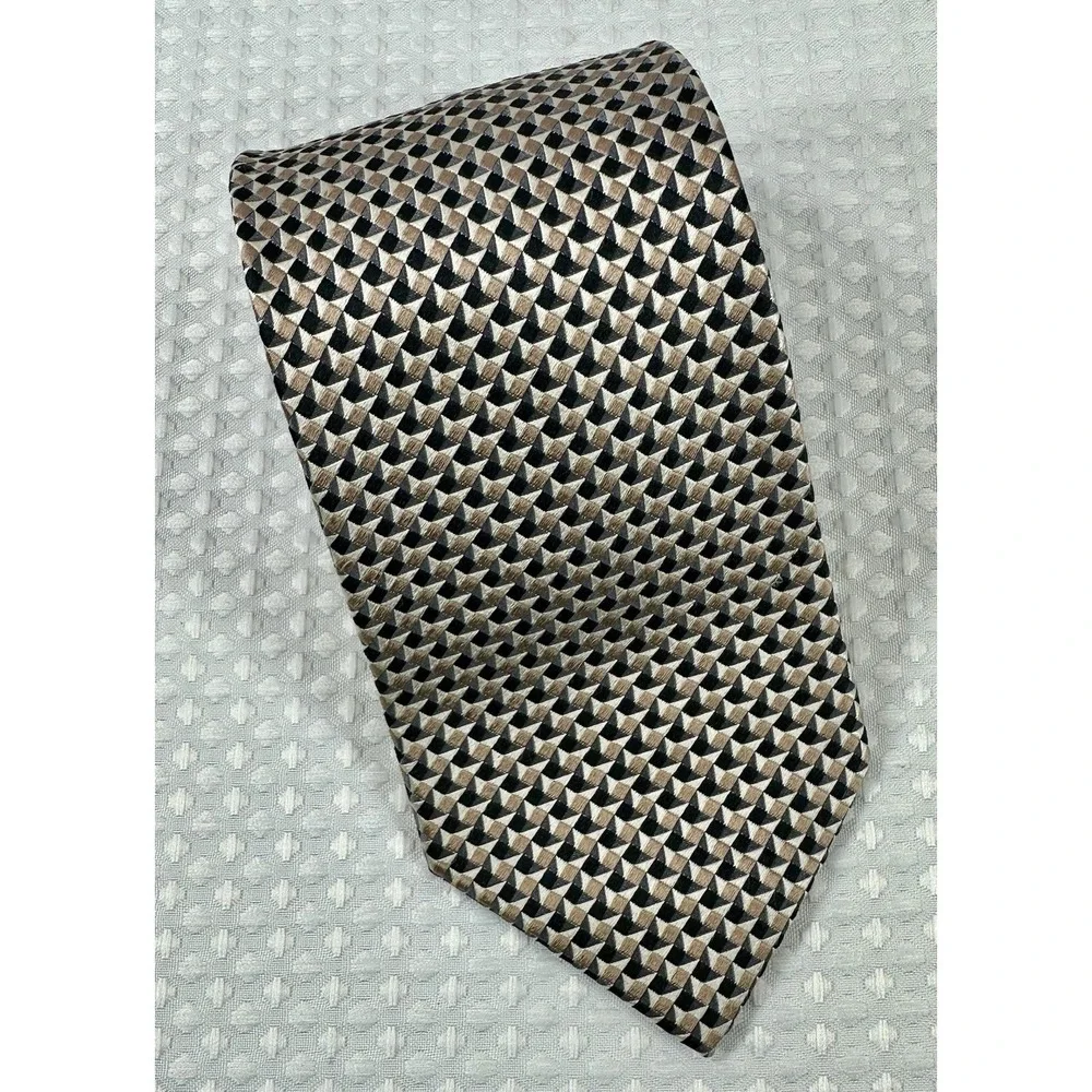 Geoffrey Beene Silk Tie Geometric Tan‎ Black Pattern Classic 4
